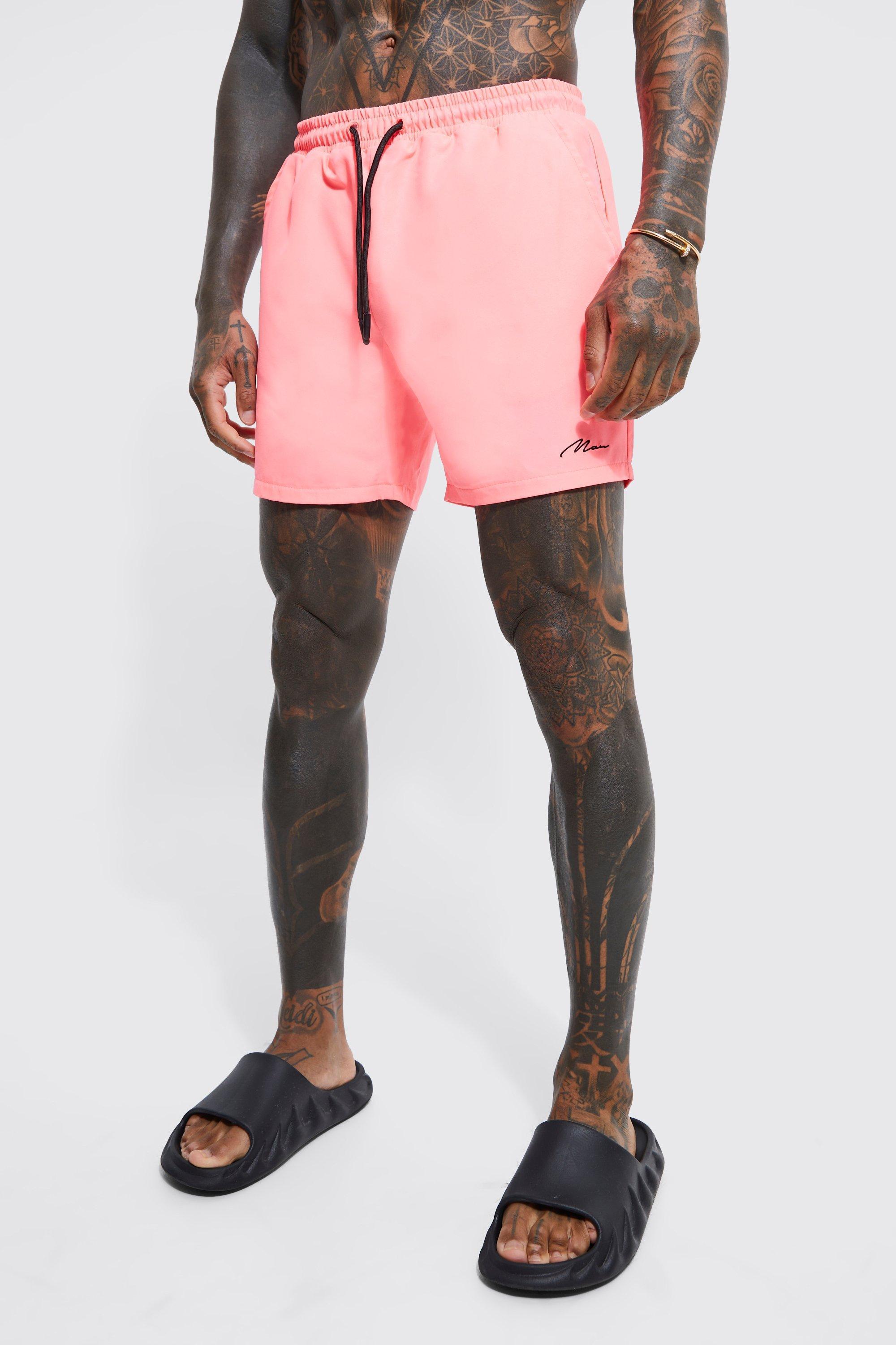 Mens Pink Man Signature Mid Length Swim Shorts, Pink Product Image