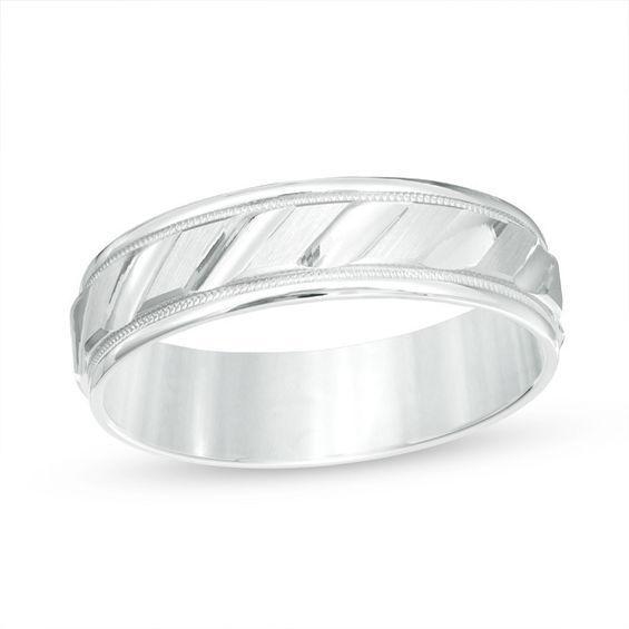 Men's 6.0mm Brushed Milgrain Slant Comfort Fit Wedding Band in 14K White Gold Product Image