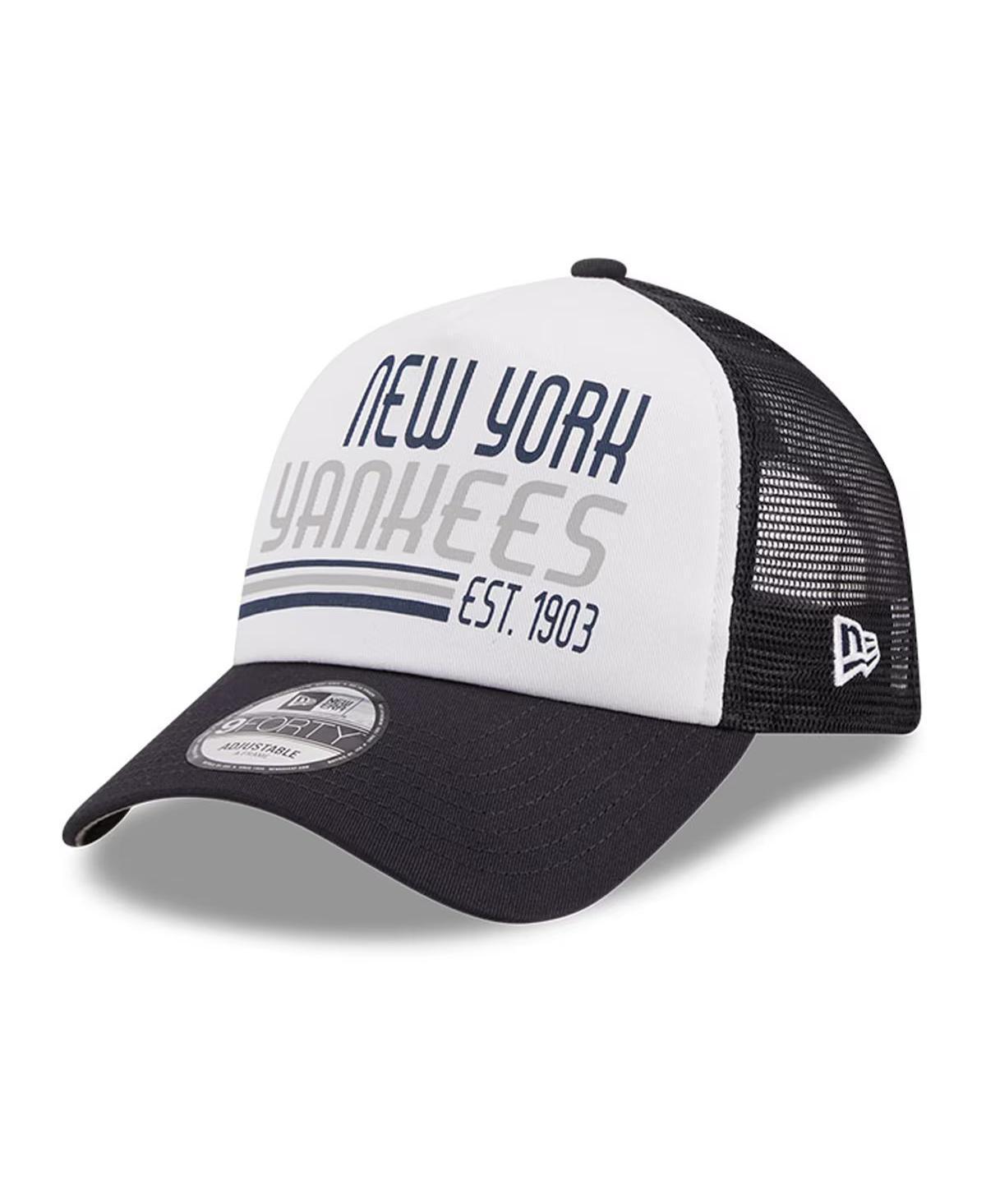 New Era Mens White/Navy New York Yankees Stacked A-Frame Trucker 9Forty Adjustable Hat Product Image