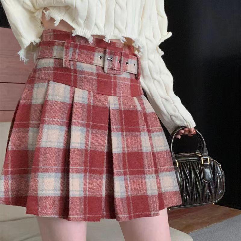 Set: High Waist Plaid Pleated Mini A-Line Skirt + Belt Product Image