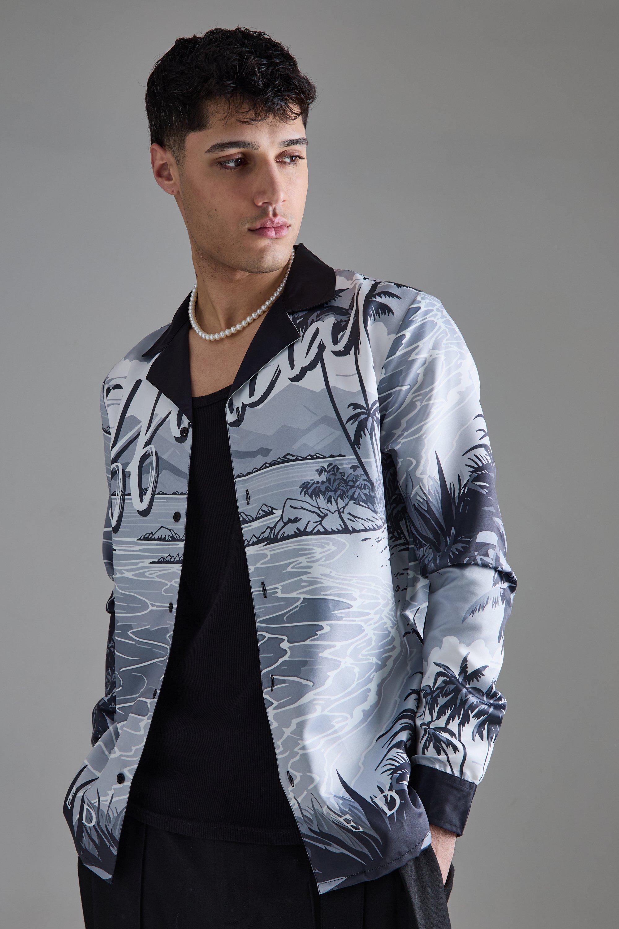 Long Sleeve Satin Beach Shirt | boohooMAN USA Product Image