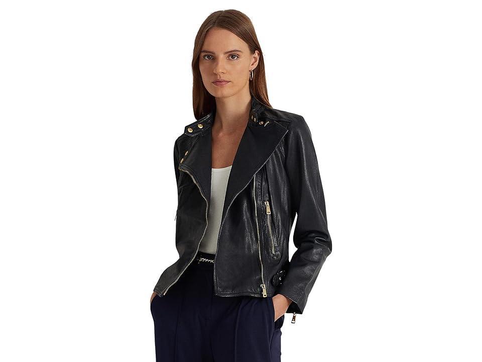 Lauren Ralph Lauren Tumbled Leather Moto Jacket Women's Jacket Product Image