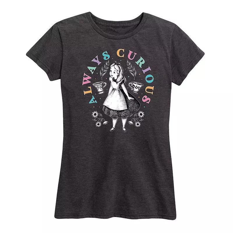 Disneys Alice in Wonderland Womens Always Curious Graphic Tee, Girls Heather Grey Product Image