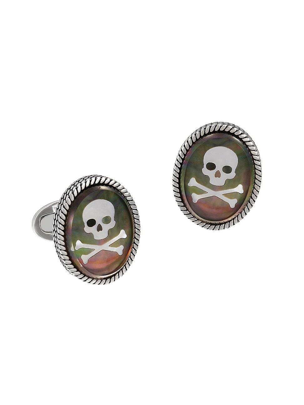 Mens Sterling Silver Mother-Of-Pearl Oval Skull Cufflinks Product Image