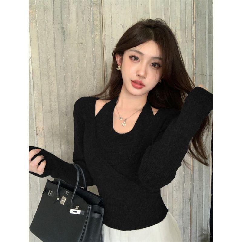 Halter Plain Mock Two Piece Wrap Sweater Product Image