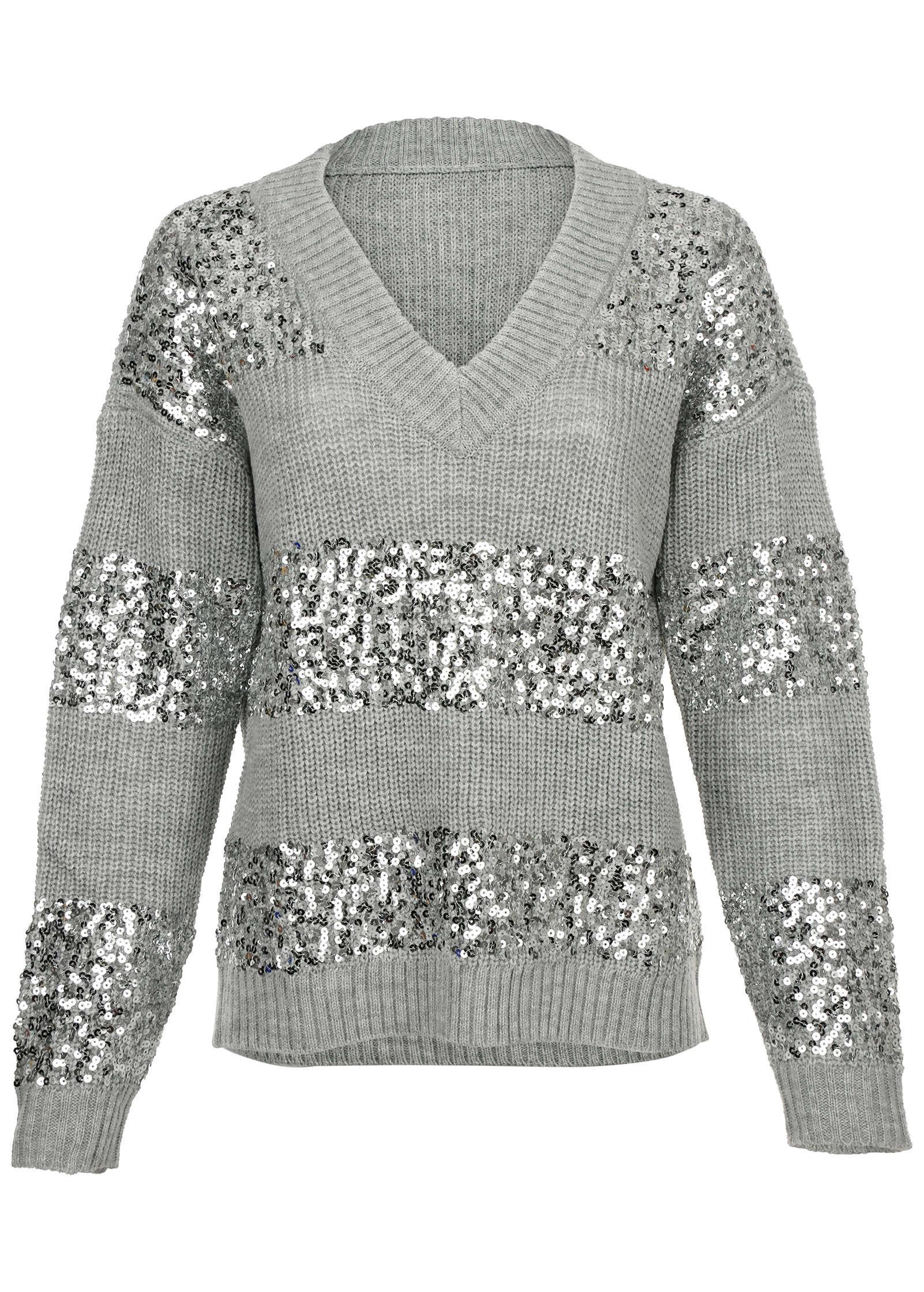 Sequin V-Neck Sweater  - Light Heather Grey Product Image