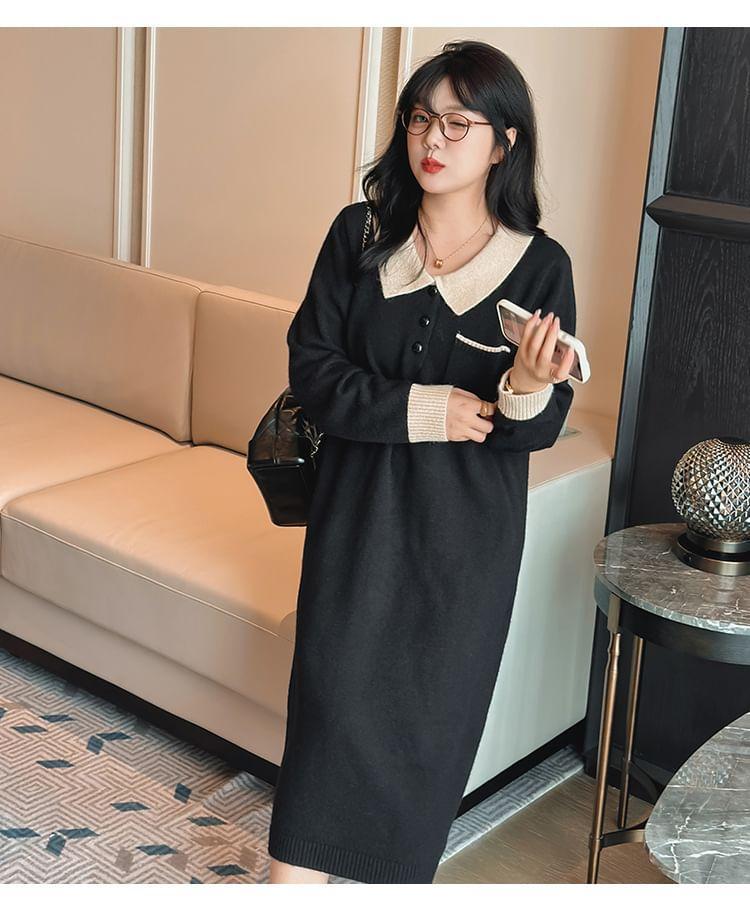 Long Sleeve Collared Two Tone Knit Midi A-Line Dress Product Image