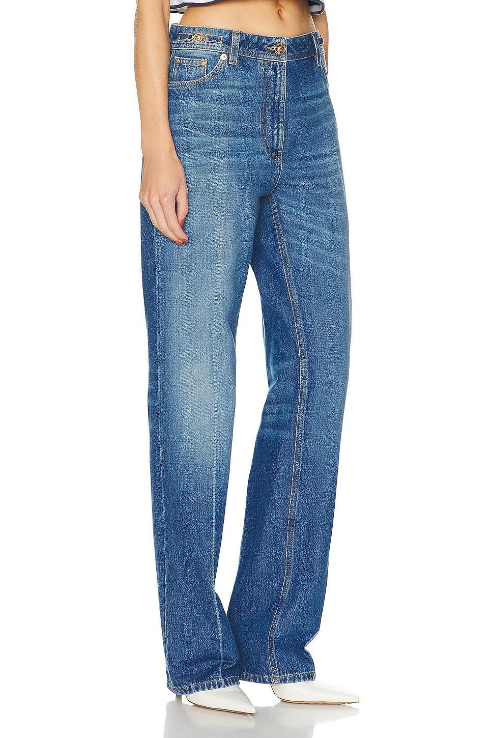 VERSACE Stonewash Straight Leg in Medium Blue - Blue. Size 24 (also in 25). Product Image