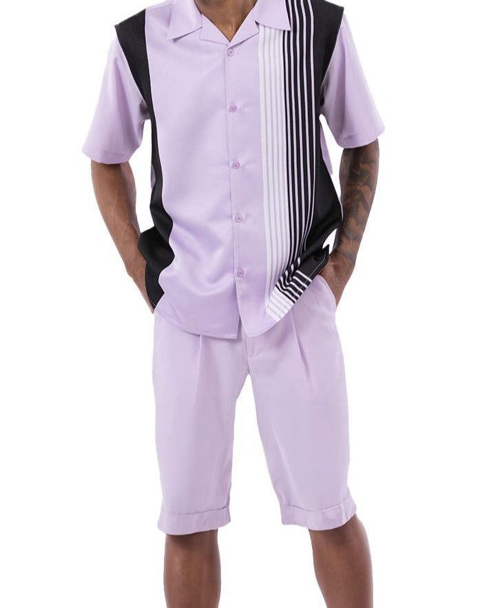 Lavender Vertical Stripe Walking Suit 2 Piece Set Short Sleeve Shirt with Shorts Product Image