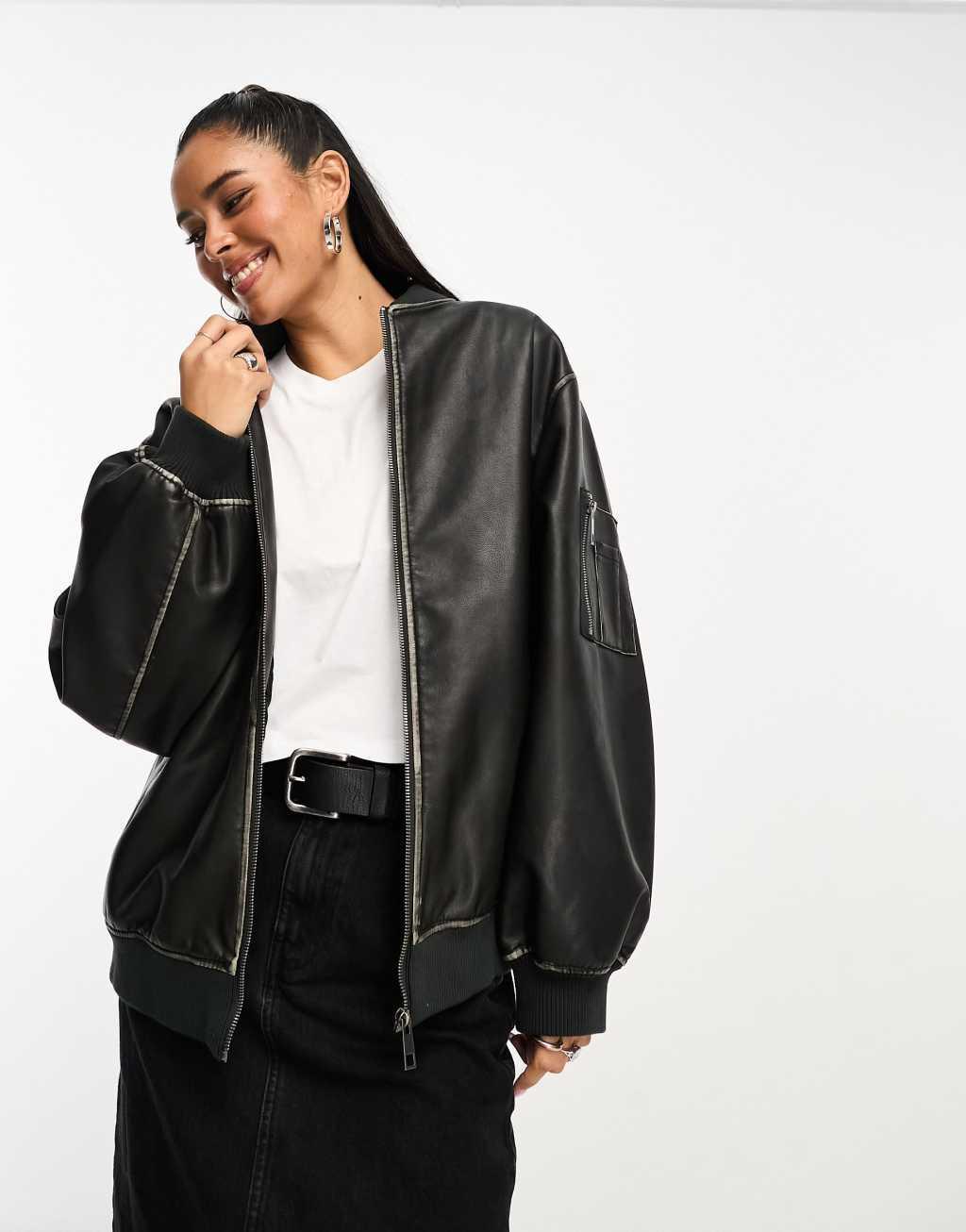 ASOS DESIGN washed faux leather bomber jacket in black Product Image