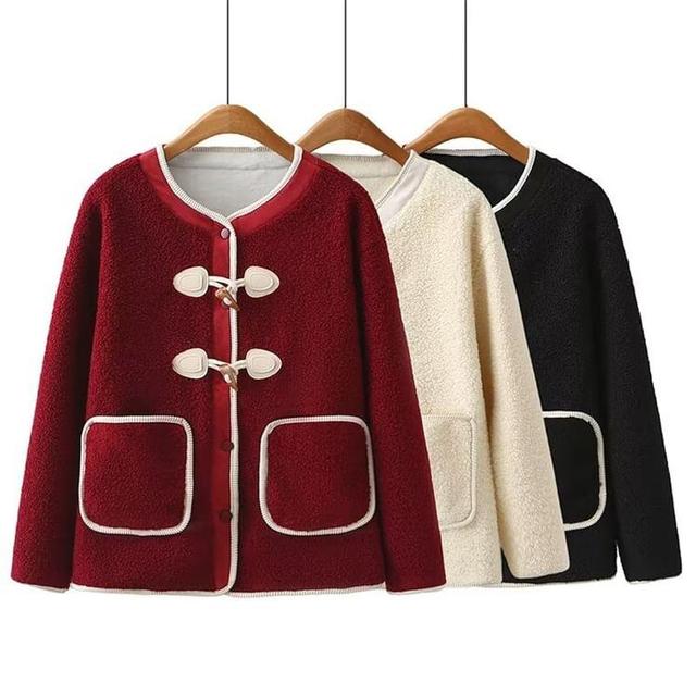 Plus Size Contrast Trim Fleece Toggle Jacket Product Image