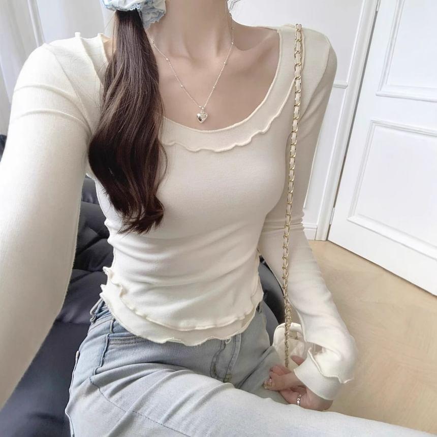 Long Sleeve Plain Ruffled-Trim Plain Slim-Fit Crop Top Product Image