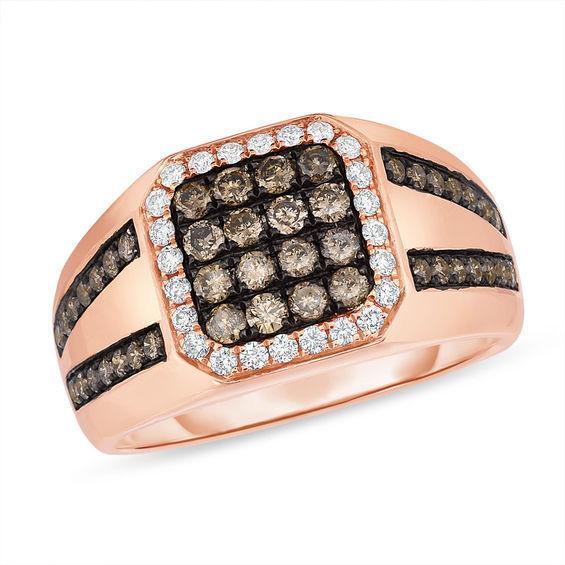 Men's 1-1/8 CT. T.w. Champagne and White Diamond Octagonal Frame Ring in 14K Rose Gold Product Image