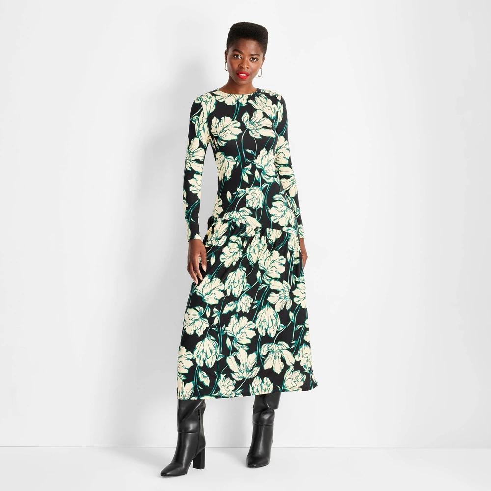 Womens Long Sleeve Drop Waist Ankle Dress - Future Collective Floral Product Image