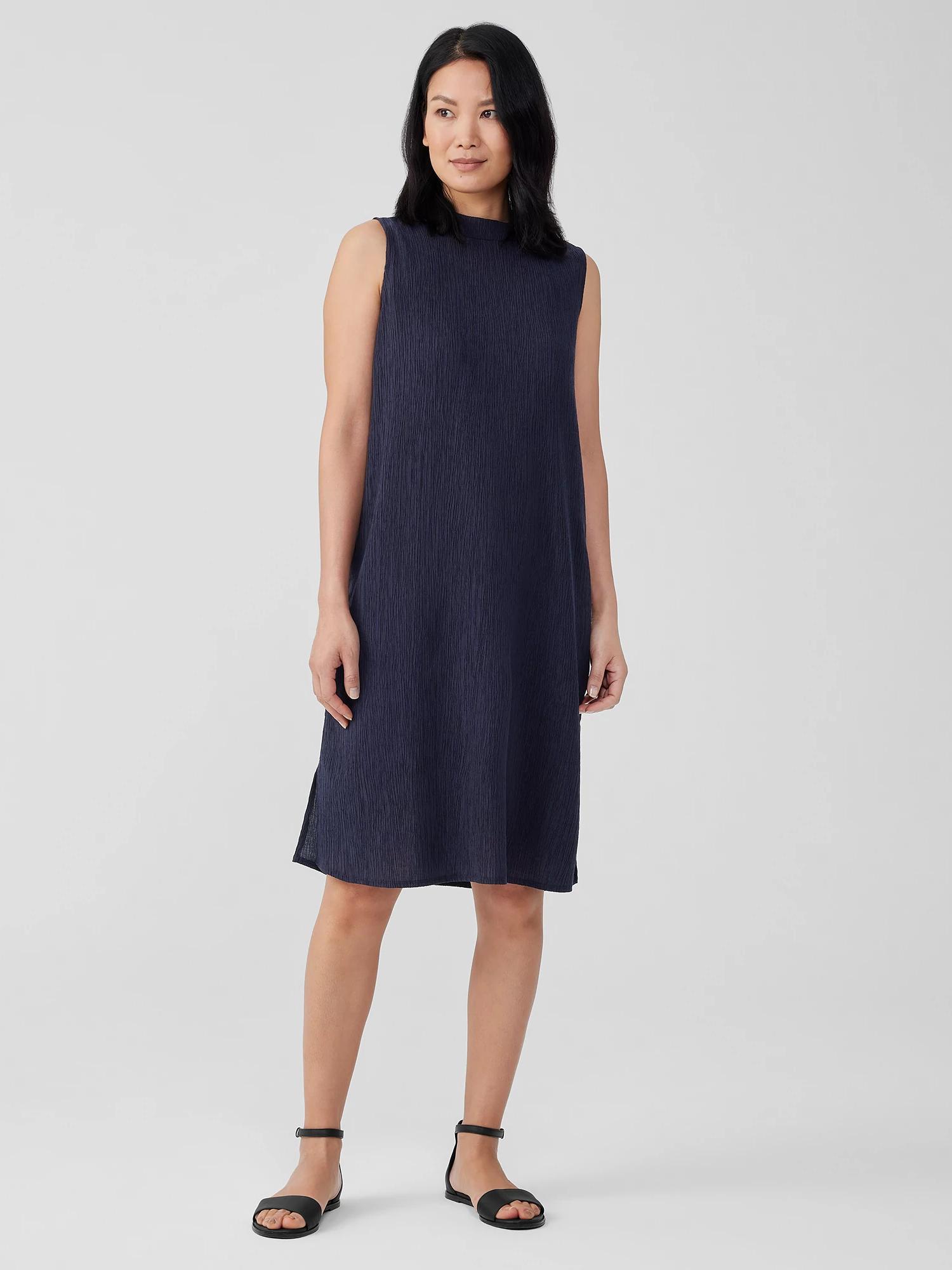 EILEEN FISHER Woven Plissé Mock Neck Dressfemale Product Image