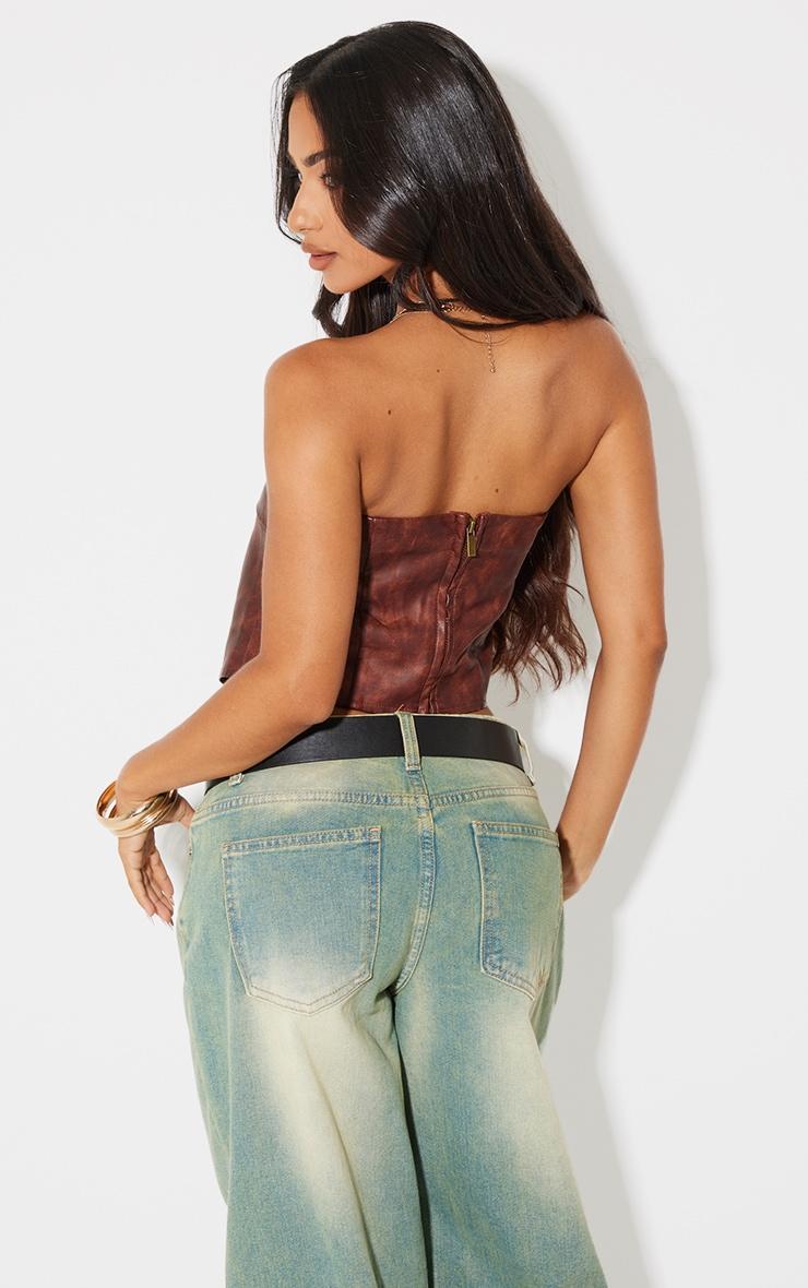 Petite Washed Brown Faux Leather Bandeau Lace Up Corset Top Product Image