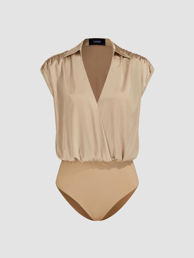 Satin V-neck Solid Ruched Sleeveless Shirt Bodysuit Product Image