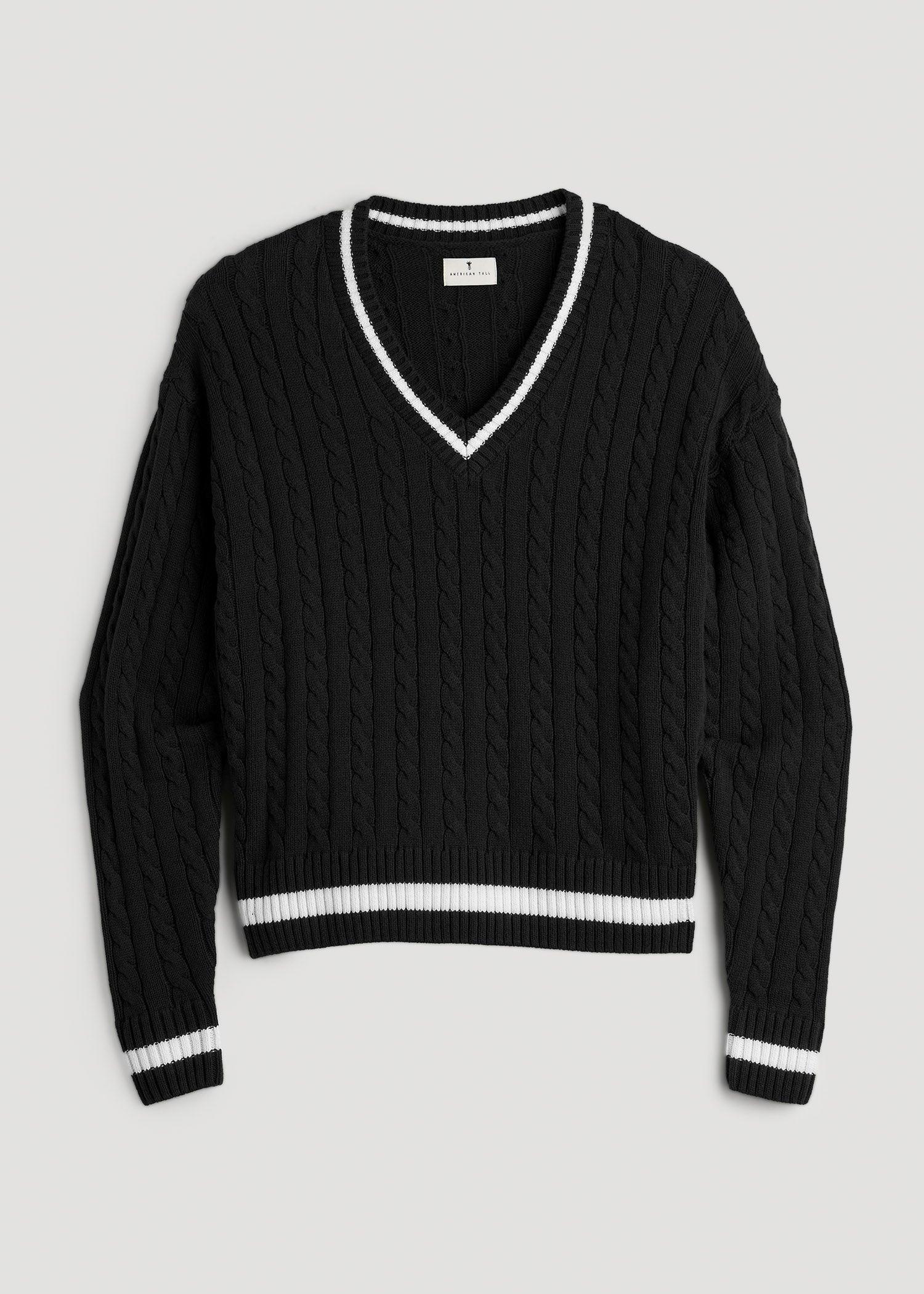 V-Neck Collegiate Sweater for Tall Women in Black and Bright White Product Image