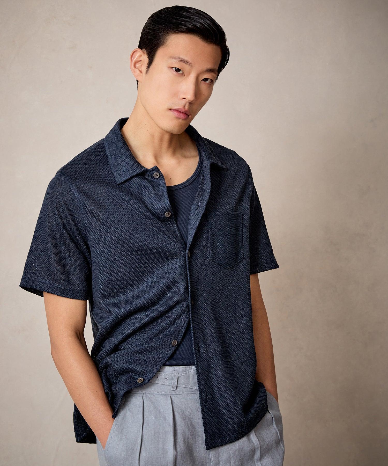 Linen Mesh Full-Placket Polo in Navy Product Image