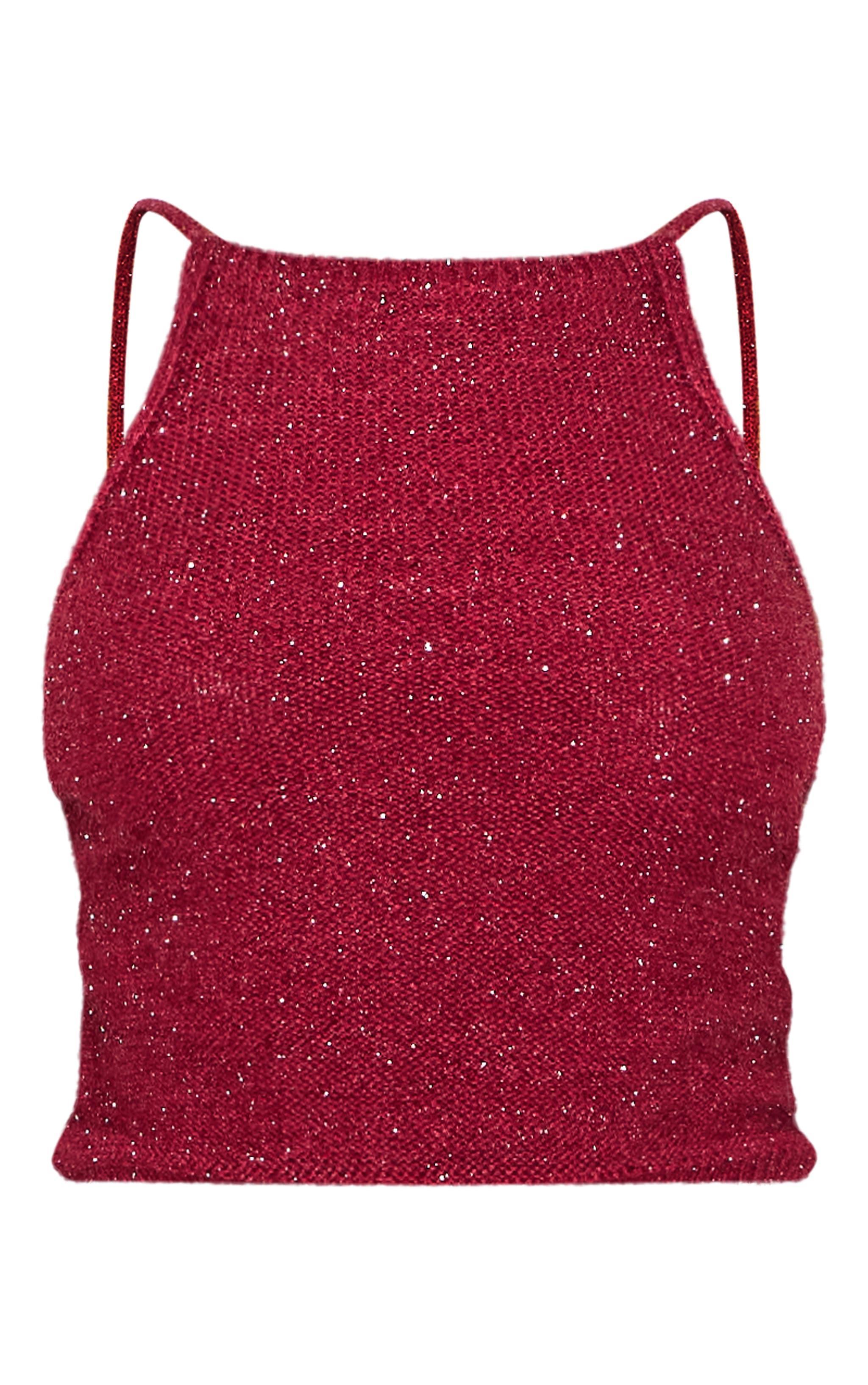 Wine Tinsel Knit Detail Cami Crop Top Product Image