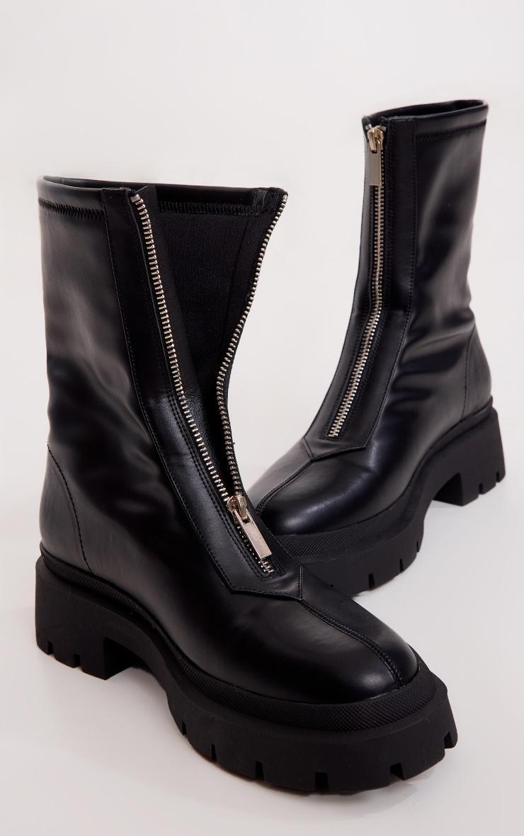 Black Faux Leather Round Toe Chunky Ankle Zip Sock Boots Product Image