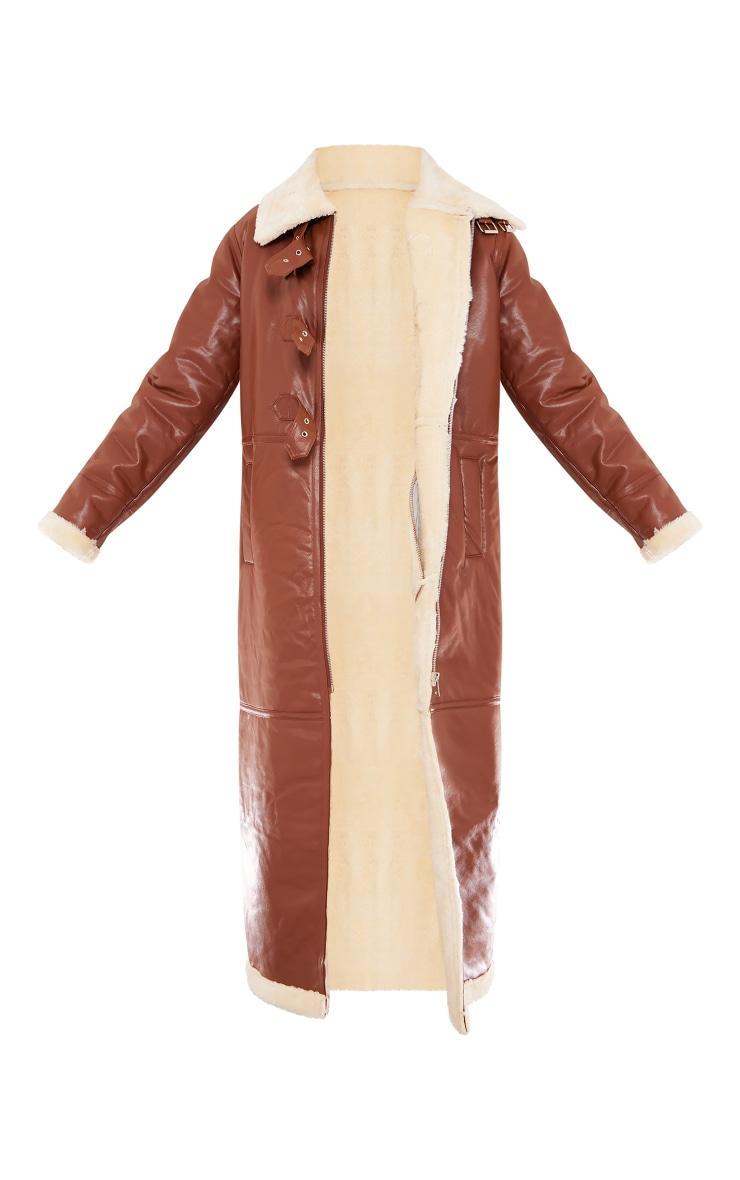 Brown Faux Leather Longline Aviator Belt Detail Coat Product Image