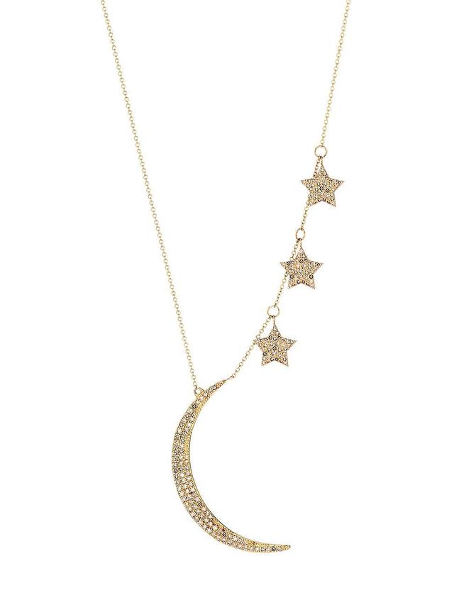 Womens 14K Yellow Gold & Natural Champagne Diamond Moon & Stars Necklace Product Image