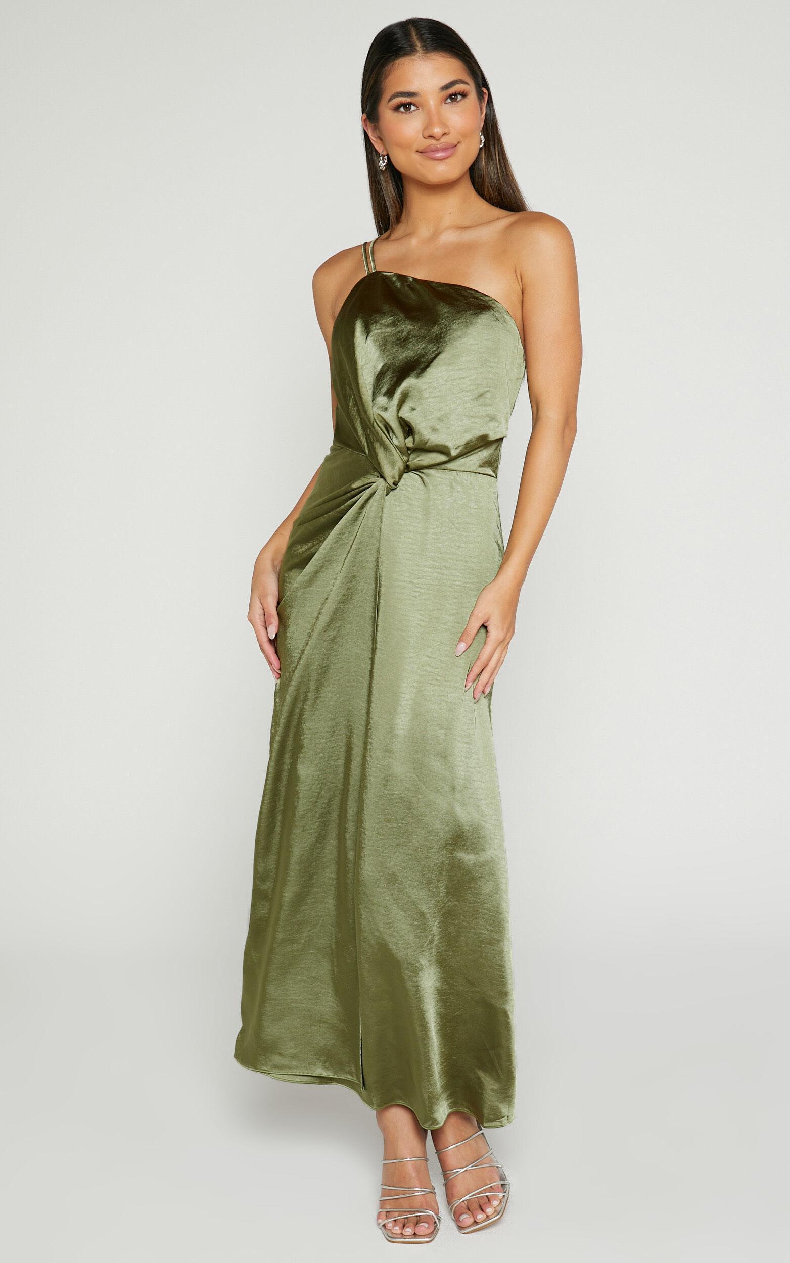 Estelle Midi Dress - One Shoulder Thigh Split Dress in Olive Product Image