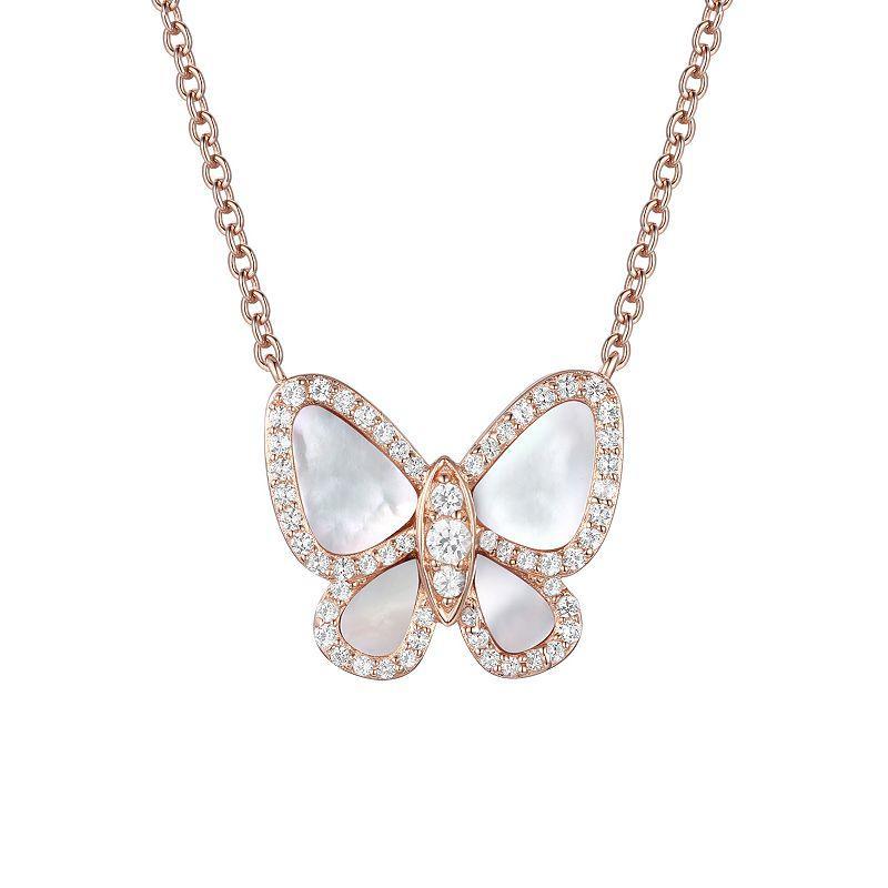 14k Rose Gold Over Silver Mother-Of-Pearl & Lab-Created White Sapphire Butterfly Pendant Necklace, Womens Product Image