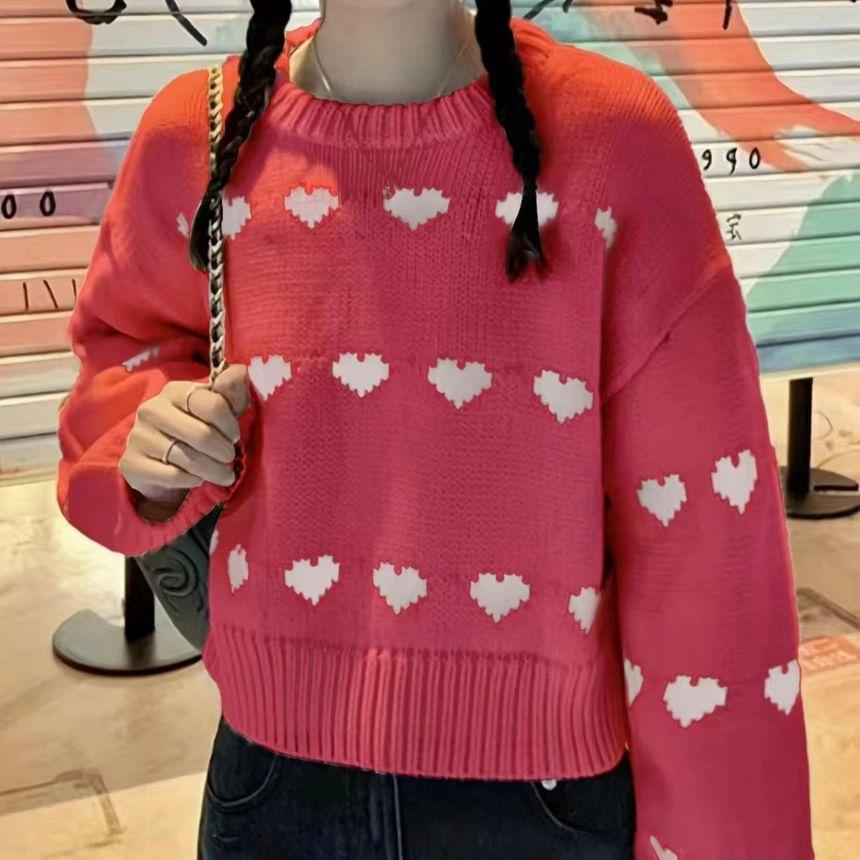 Round Neck Heart Print Sweater Product Image