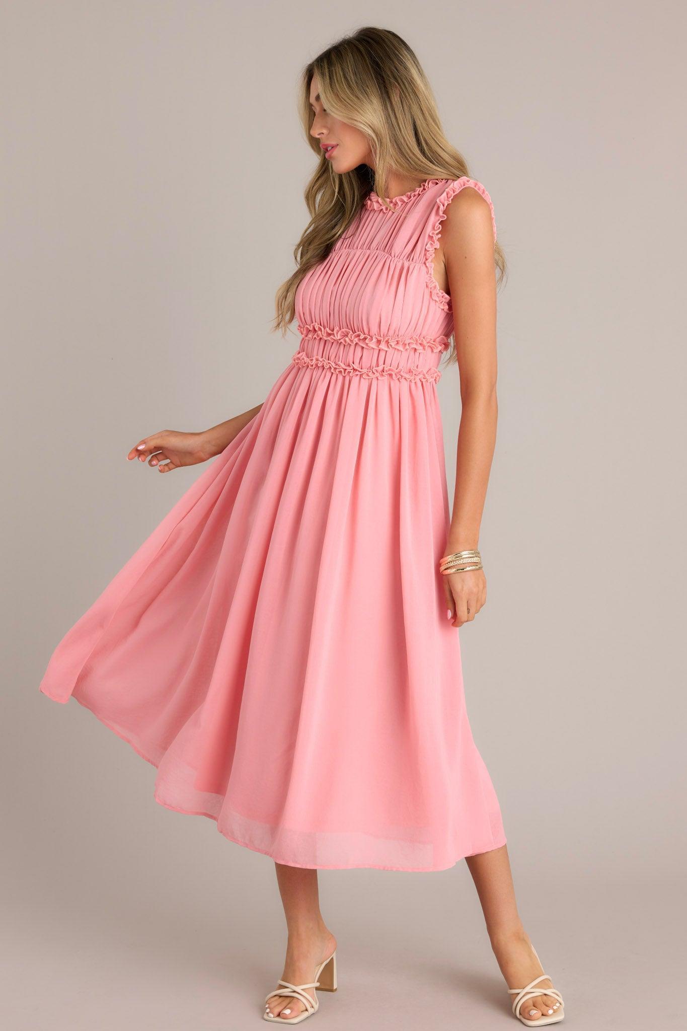 Graceful Gathering Pink Coral Sleeveless Midi Dress Product Image