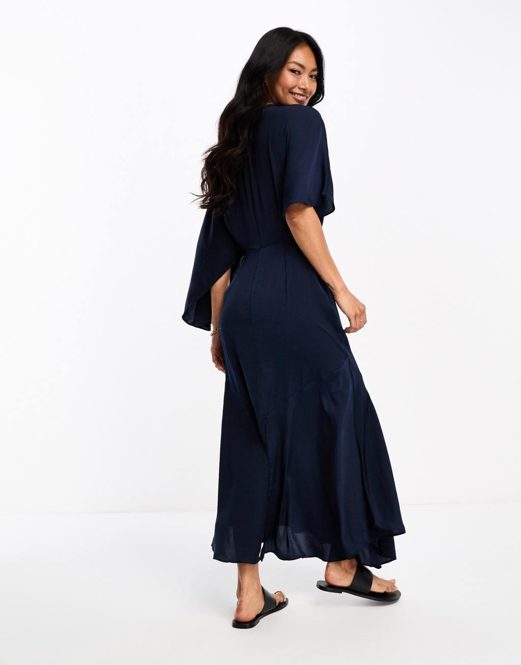 ASOS DESIGN satin flutter sleeve asymmetric hem midi dress in navy Product Image