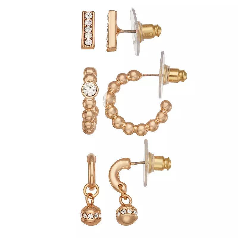 Nine West Gold Tone Crystal Stud, Beaded Hoop, & Drop C-Hoop Earrings Set, Womens Product Image