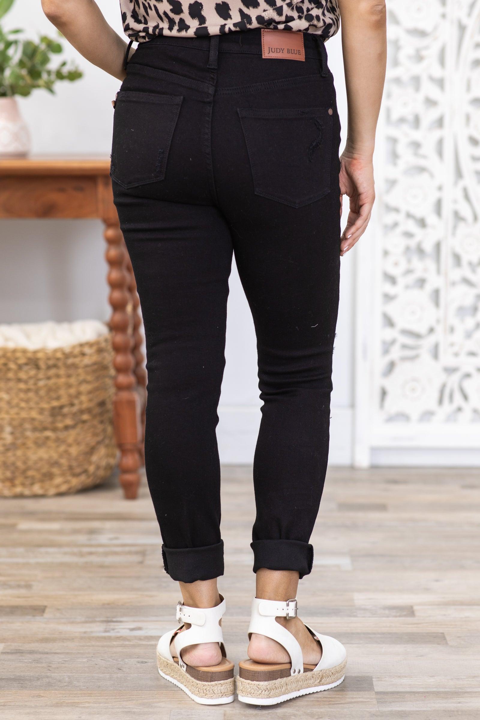 Judy Blue Black Destroyed Knee Raw Hem Jeans Product Image