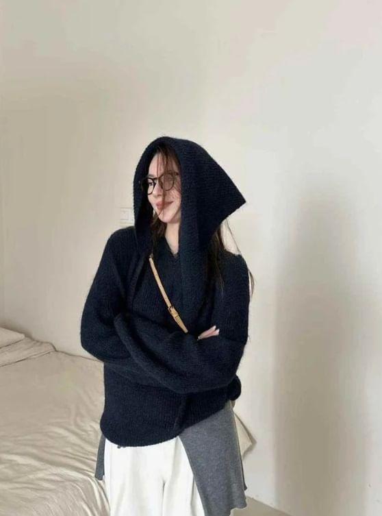 Long Sleeve Plain Loose-Fit Hooded Knit Top Product Image