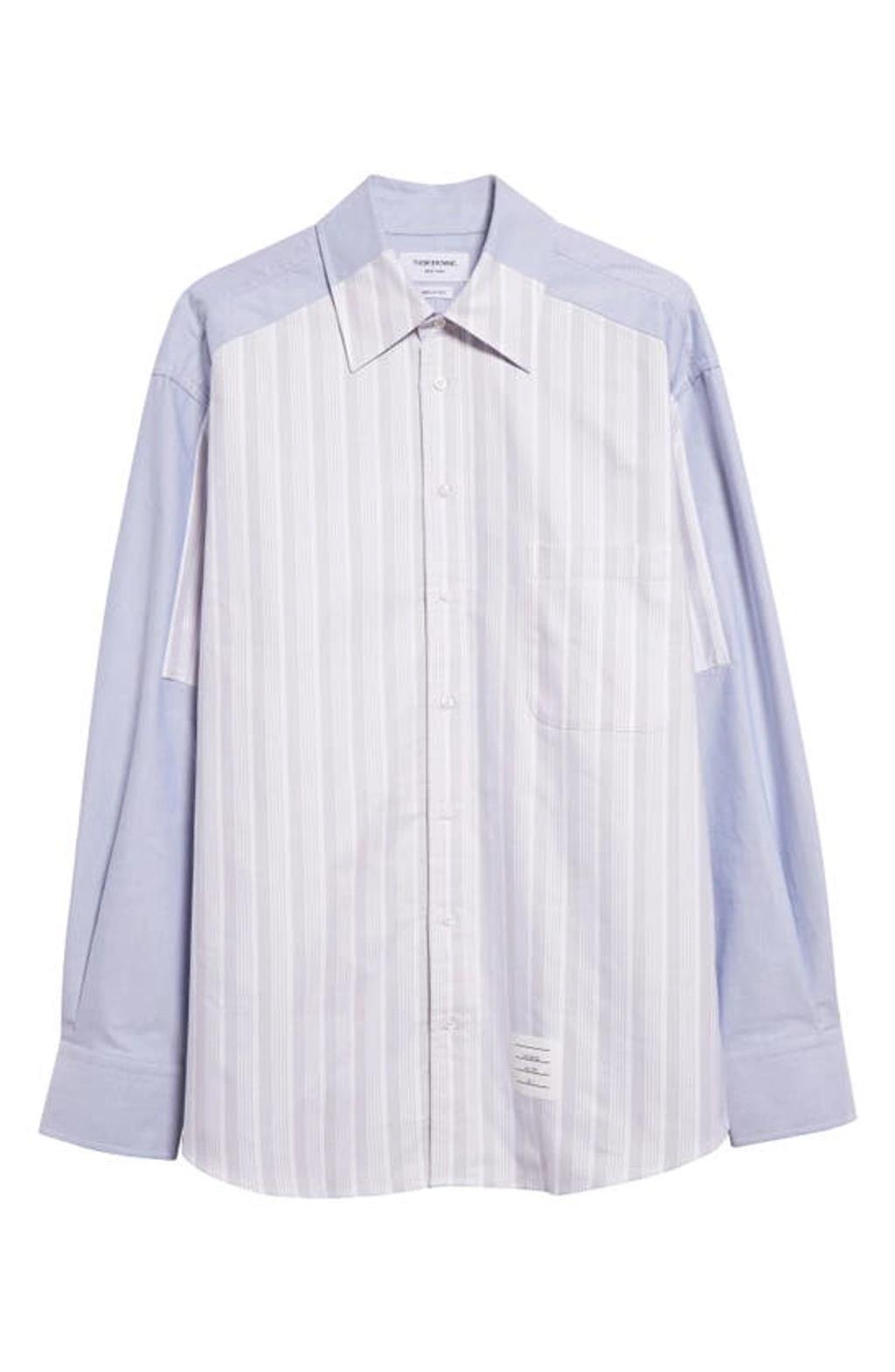 Oversize Paneled Cotton Button-up Shirt In Light Blue Product Image