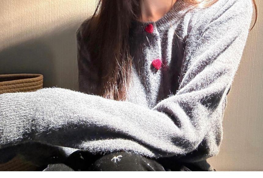 Round Neck Plain Heart Button Cardigan Product Image