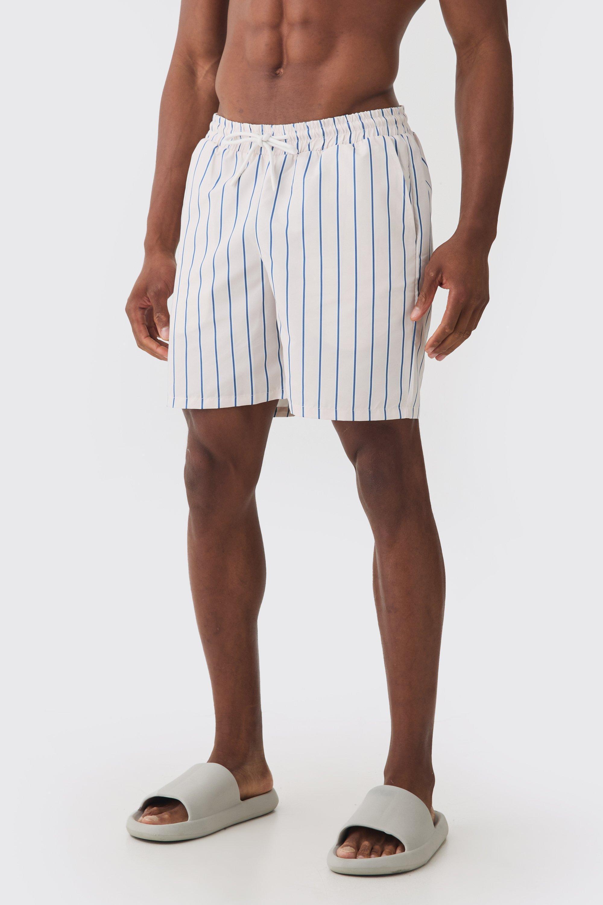 Regular Fit Stripe Mid Length Swim | boohooMAN USA Product Image