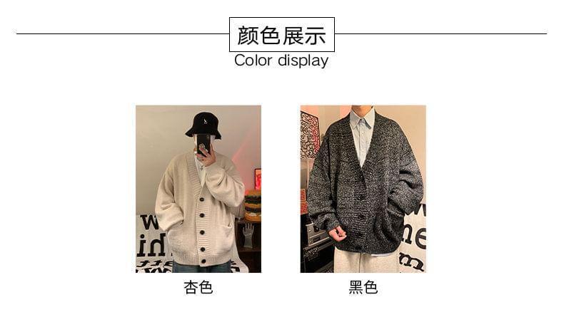 V-Neck Melange Button-Up Cardigan Product Image