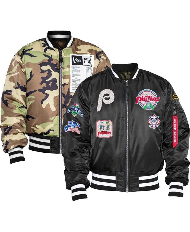 Mens New Era x Alpha Industries Black Philadelphia Phillies Reversible Full-Zip Bomber Jacket Product Image