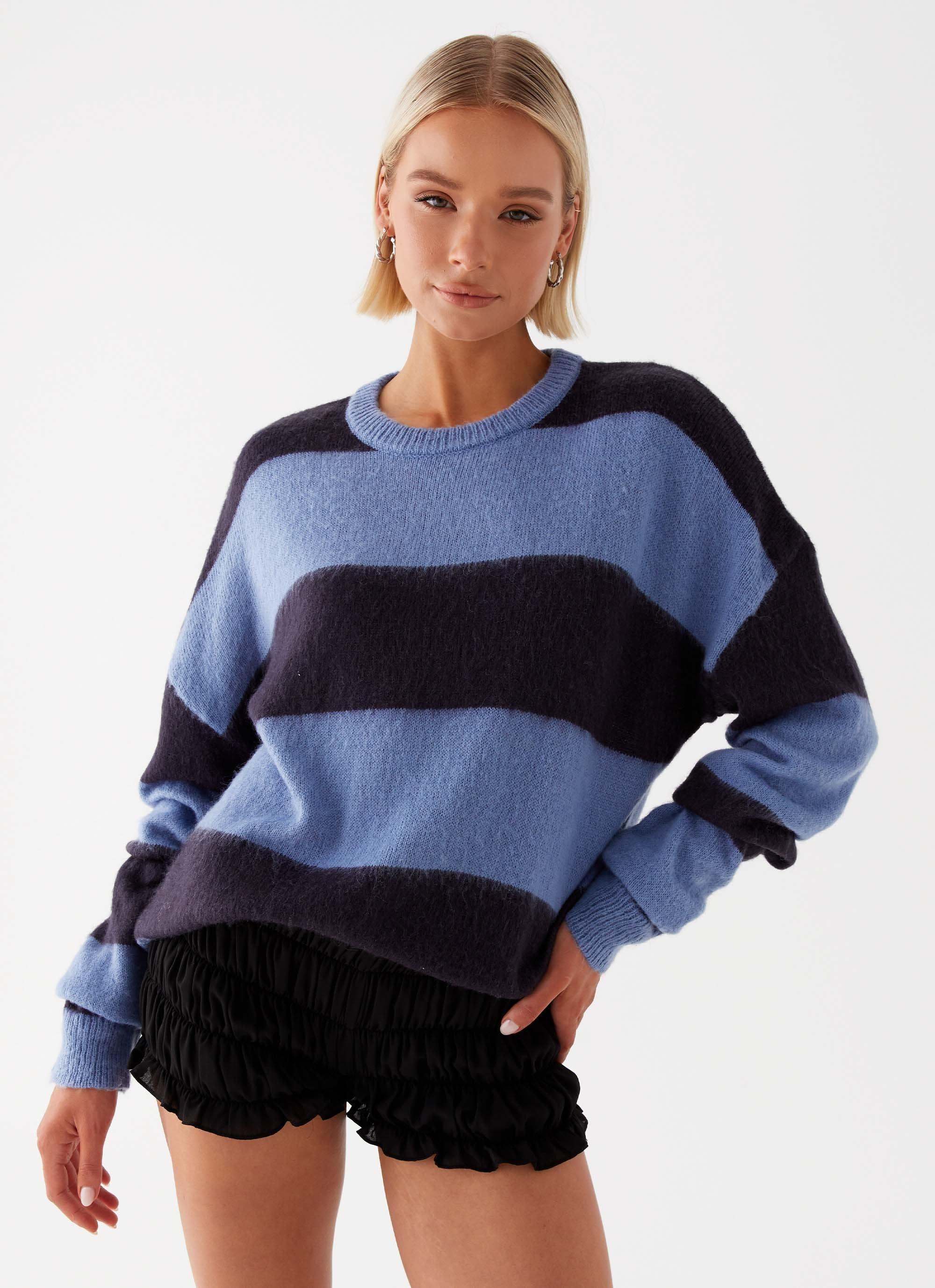 Nikita Fuzzy Knit Sweater - Blue Black Stripe Product Image