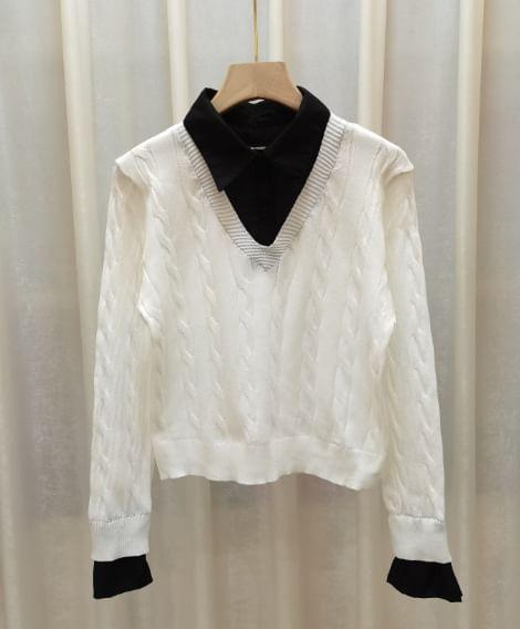 Long-Sleeve Collared Mock Two-Piece Two Tone Cable Knit Panel Blouse Product Image