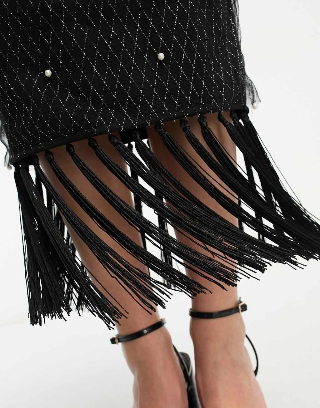 Extro & Vert Premium maxi skirt with pearl embellished layer & fringe in black - part of a set Product Image