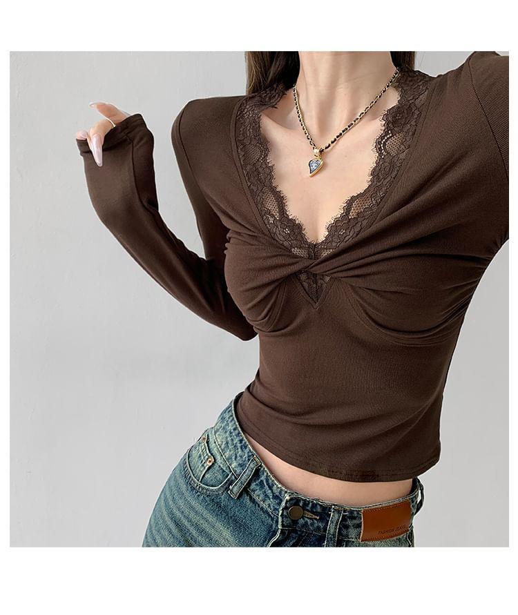 Lace V-Neck Twisted Crop Tee Product Image