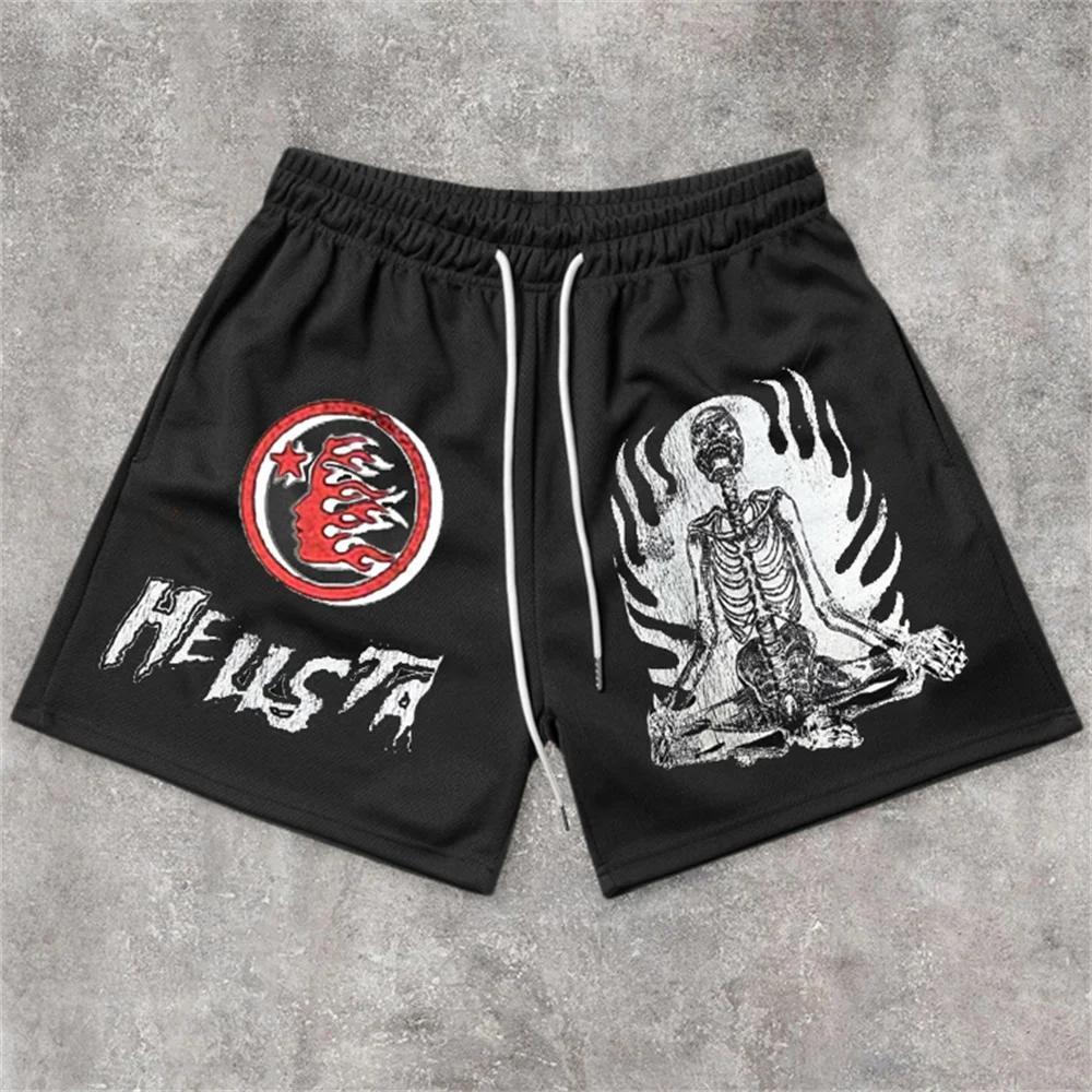 Sopula Vintage Skull Hellstar Graphic Casual Street Mesh Shorts Product Image