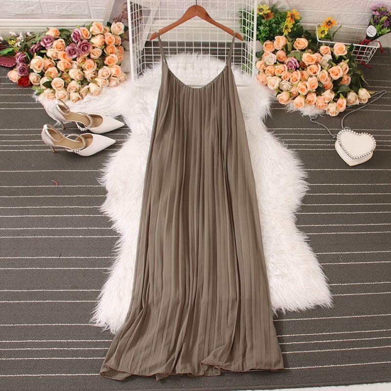 Spaghetti Strap Plain Accordion Pleated Maxi A-Line Dress Product Image