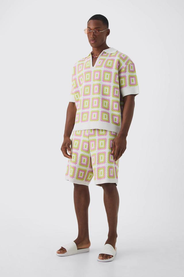 Oversized Boxy Crochet Knit Polo And Short Set | boohooMAN USA Product Image