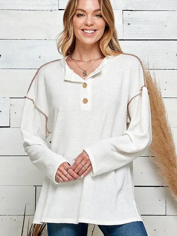 Off White Plus Size Button Up Long Sleeve Knit Loose Top Female Product Image