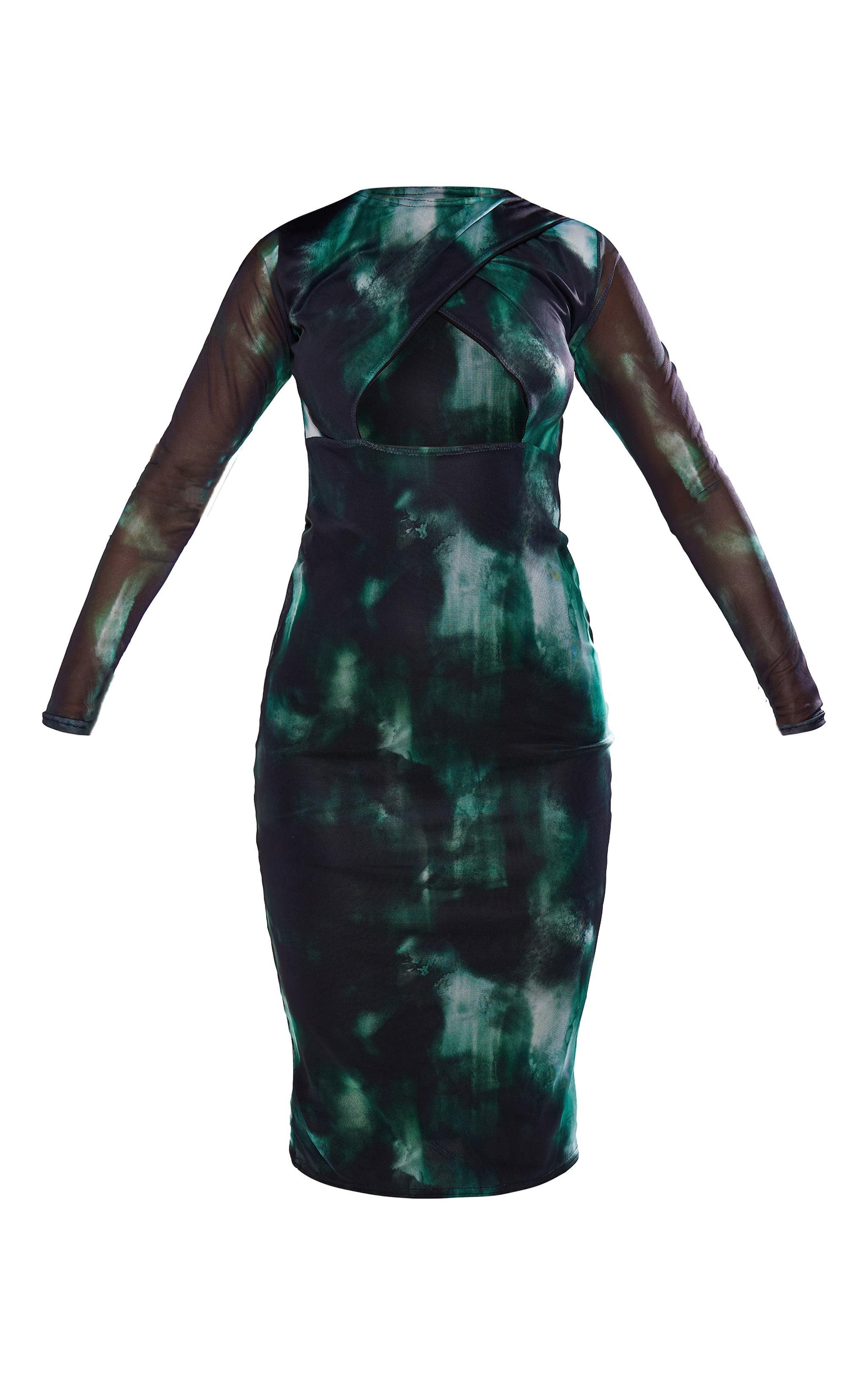 Khaki Print Mesh Wrap Cut Out midi Dress Product Image