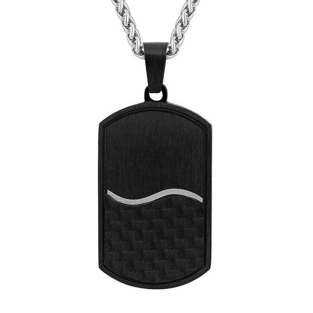 Mens Black Ion-Plated Stainless Steel & Carbon Fiber Dog Tag Pendant Necklace Two Tone Product Image